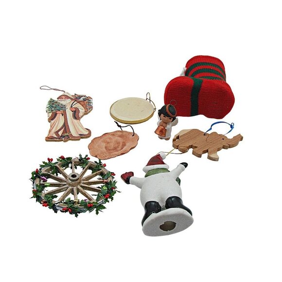 Lot 8 Christmas Holiday Ornaments Elephant Wagon Wheel Snowman Stocking Angel - Picture 8 of 11
